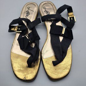 Lanvin Women thong  sandals bow grosgrain  black gold low heel sz 7.5 37.5